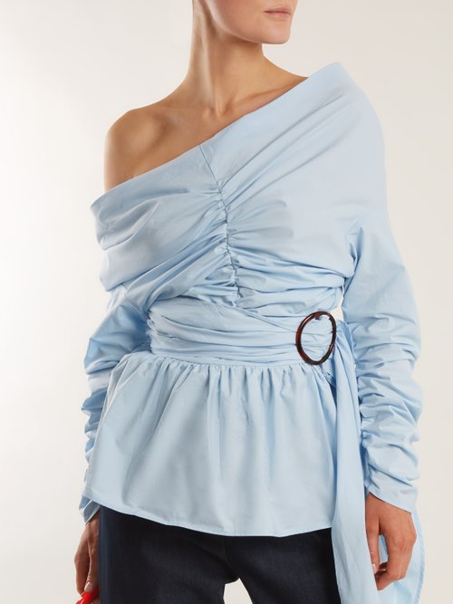 Isa Arfen Asymmetric Ruched Cotton Wrap Top Light Blue - 70% Off Sale