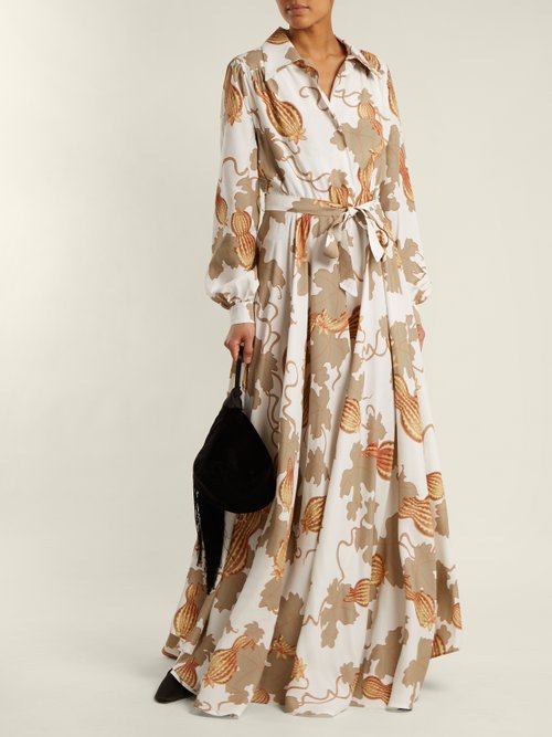 Edward Crutchley Tie-waist Leaf-print Woven Dress White Multi - 80% Off Sale