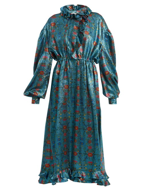 Preen By Thornton Bregazzi – Linnet Floral-print Silk-blend Lamé Midi Dress Blue