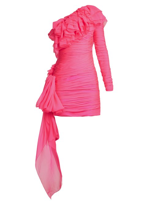 Dundas – One-shoulder Tiered-ruffle Mini Dress Pink