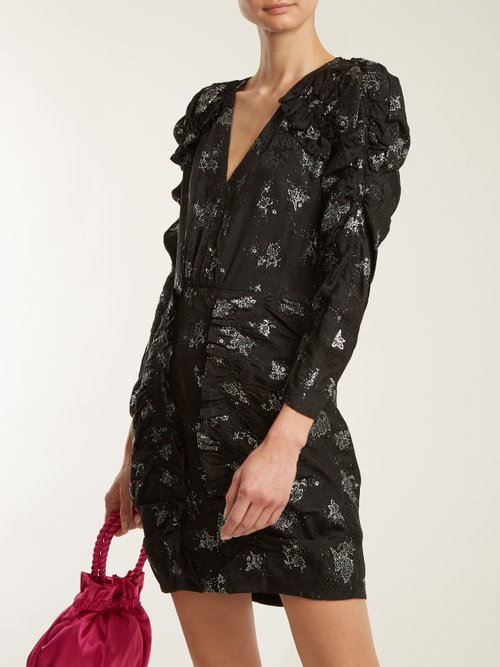 Rebecca Taylor V-neck Ruffle Silk Dress Black Silver - 80% Off Sale
