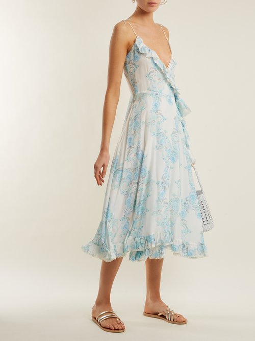 Athena Procopiou Walking On A Dream Floral-print Silk Wrap Dress Blue White - 80% Off Sale