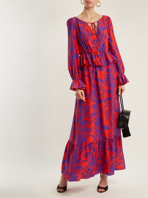 Borgo De Nor Lily Marquesa Floral-print Silk Dress Red Multi - 80% Off Sale