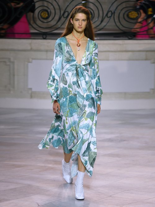 Peter Pilotto Leaf-print Tie-front Crepe Dress Green Multi - 80% Off Sale