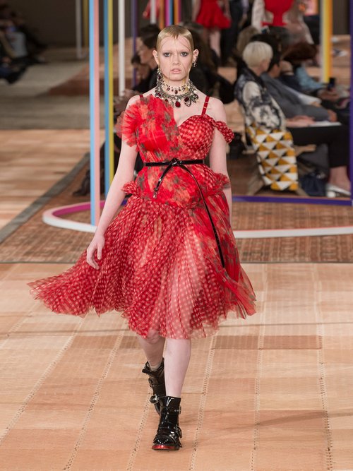 Alexander Mcqueen Pleated Floral-print And Checked Organza Dress Red Multi - 80% Off Sale