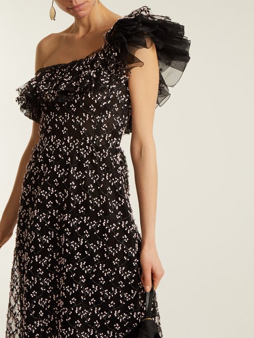 Giambattista Valli One-shoulder Embroidered Cotton-blend Tulle Dress Black Pink - 80% Off Sale