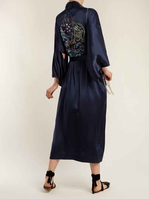 Chufy Embroidered Silk Kimono-style Jacket Navy - 80% Off Sale