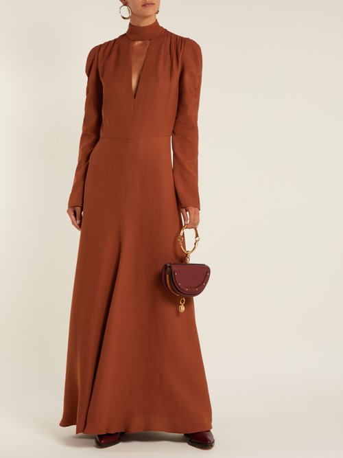 Chloé V-neck Silk-blend Crepe Dress Brown - 80% Off Sale