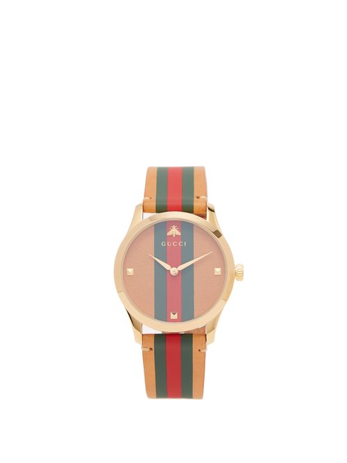 Gucci - G-timeless Web-striped Leather Watch - Womens - Light Brown