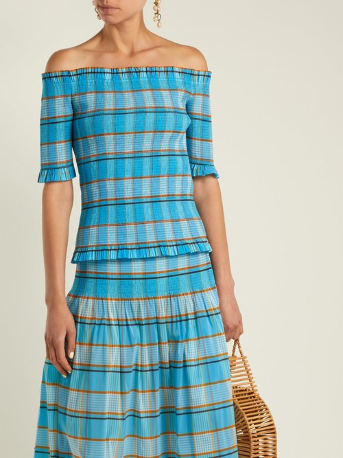 Diane Von Furstenberg Horizon Checked Off-the-shoulder Top Blue Print - 80% Off Sale