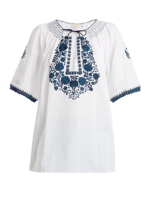 Muzungu Sisters - Eva Embroidered Cotton Top White Navy Beachwear