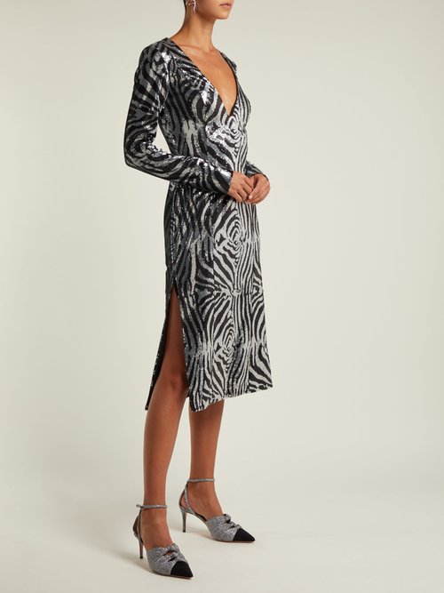 Halpern Zebra-pattern Sequined Dress Blue Multi - 80% Off Sale