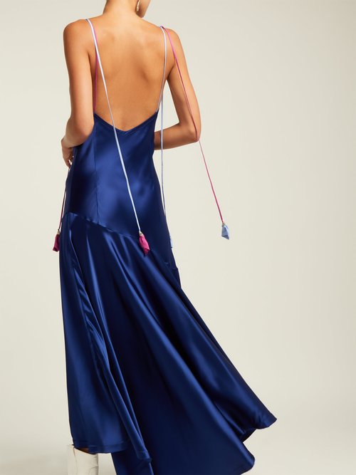 Anna October Tassel-tie Asymmetric Satin Midi Dress Navy - 80% Off Sale