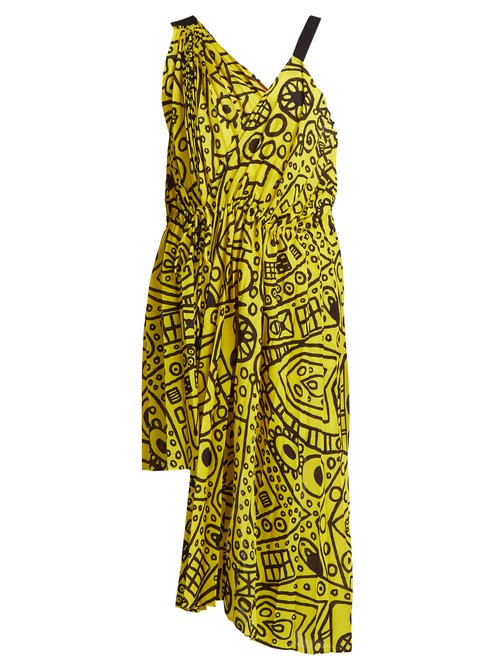Colville – Abstract-print Asymmetric Tie-waist Dress Yellow Print