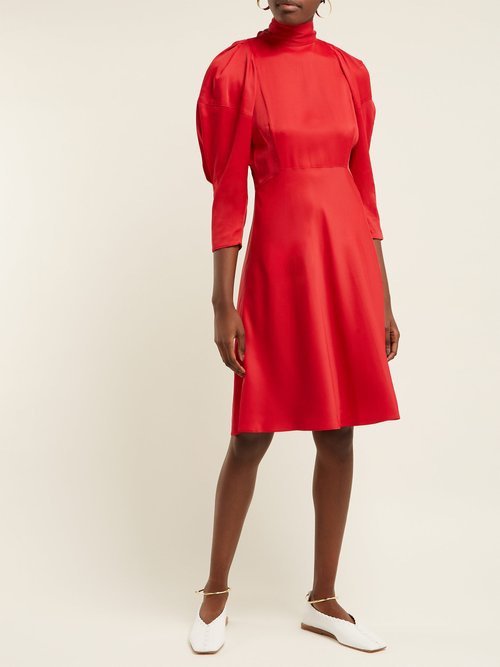 Khaite Marina Puff-sleeved High-neck Crepe Dress Red - 80% Off Sale