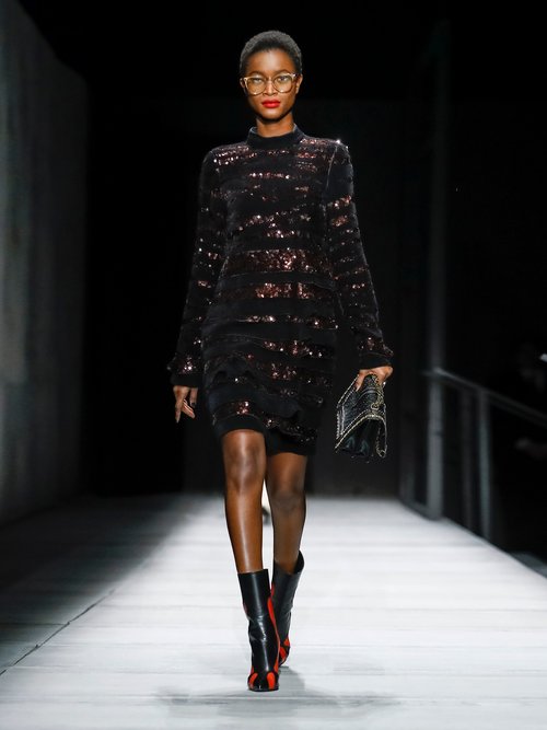 Buy Bottega Veneta Sequin-striped Mini Dress Black Multi online - shop best Bottega Veneta clothing sales