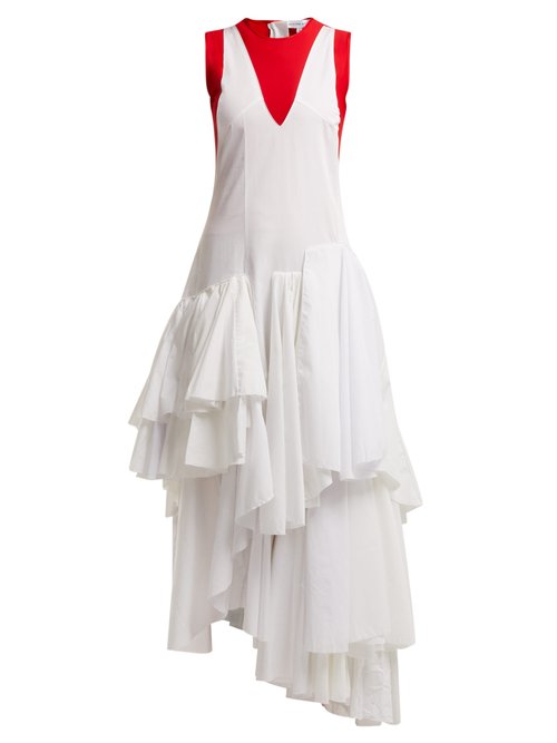Marine Serre – Tiered Cotton And Technical-fabric Dress Red