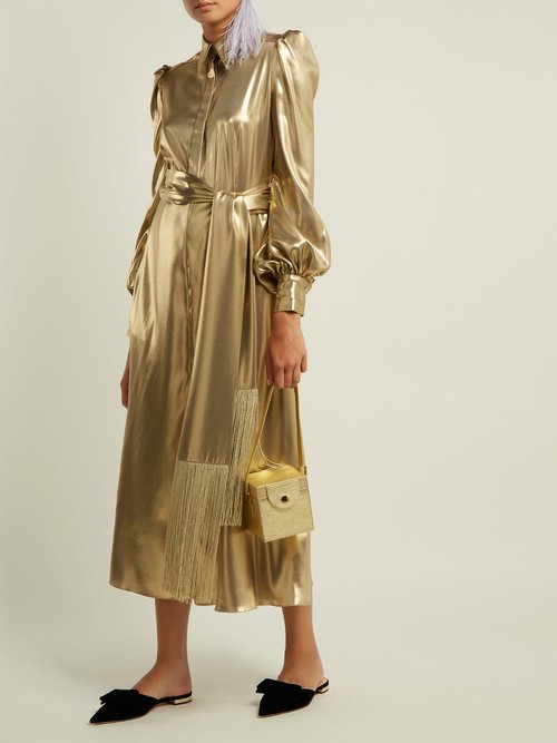 Hillier Bartley Belted Metallic Silk-satin Dress Gold - 80% Off Sale