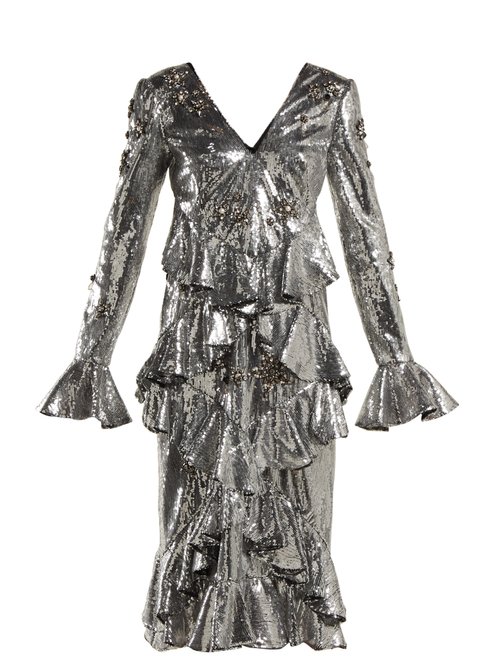 Erdem – Desiree Ruffled Sequin Dress Silver