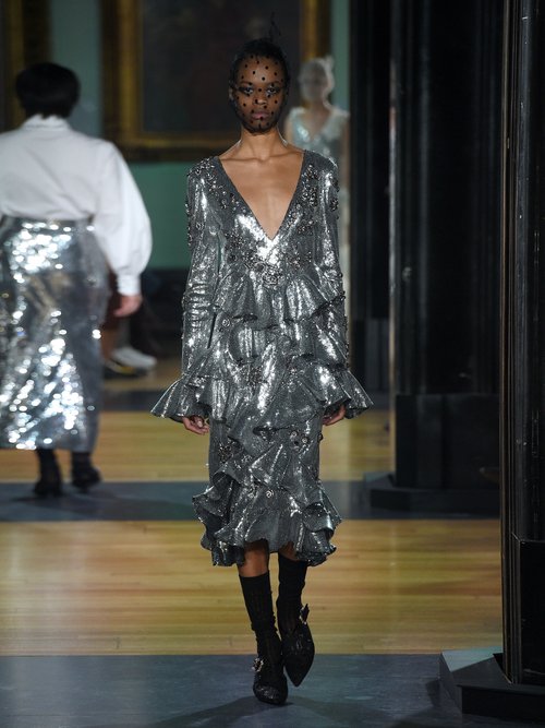 Erdem Desiree Ruffled Sequin Dress Silver - 80% Off Sale