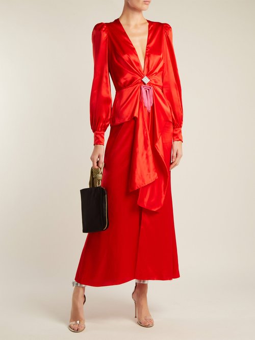 Buy Alessandra Rich V-neck Crystal-embellished Silk-satin Dress Red online - shop best Alessandra Rich clothing sales