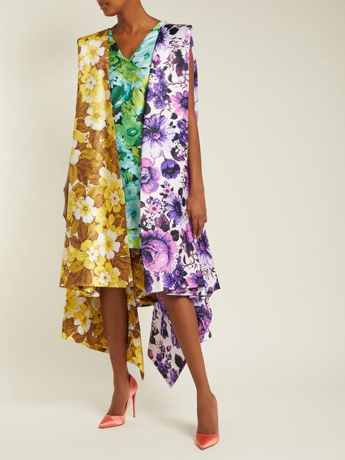 Richard Quinn Contrast-panel Floral-print Satin Dress Multi – 80% Off Sale