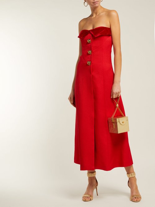 Rebecca De Ravenel Strapless Silk And Wool-blend Midi Dress Red - 70% Off Sale
