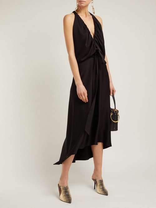 Chloé V-neckline Gathered Satin Midi Dress Black - 70% Off Sale