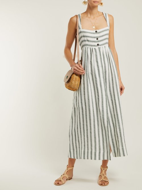 Three Graces London Elinor Striped Linen-blend Dress Green Stripe - 70% Off Sale