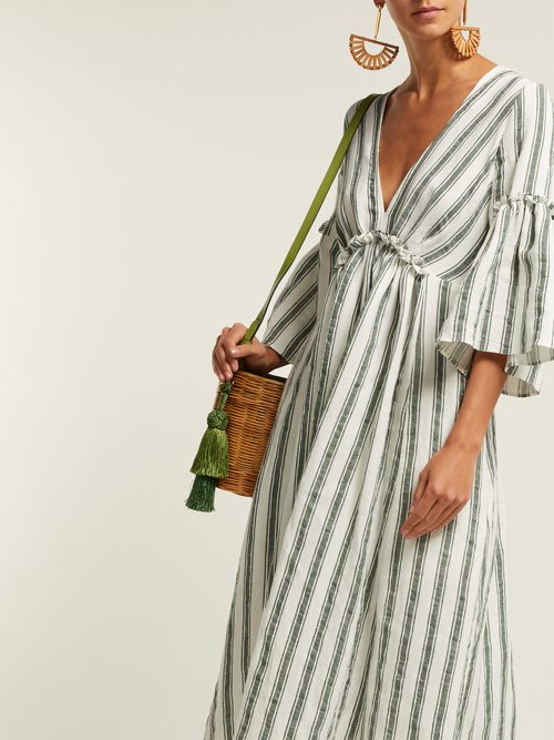 Three Graces London Georgiana Striped Linen-blend Dress Green Stripe - 70% Off Sale