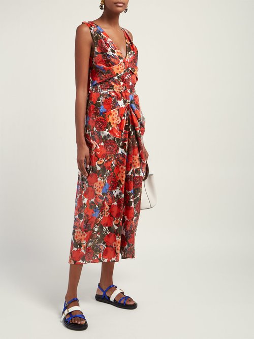 Marni Duncraig-print Floral-print Coated-cotton Dress Red Multi - 70% Off Sale