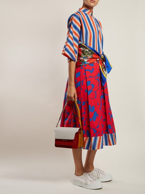 Marni Stripe And Floral-print Cotton-poplin Midi Dress Red Multi - 70% Off Sale