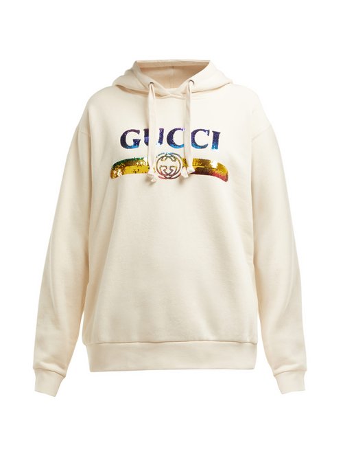 Gucci - Sequinned-logo Hooded Cotton Sweatshirt White Multi