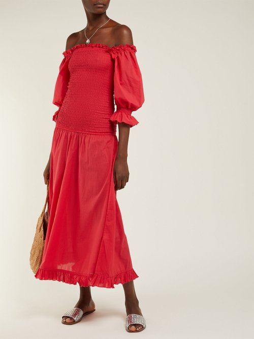 Rhode Eva Smocked Off-the-shoulder Cotton Dress Red - 70% Off Sale