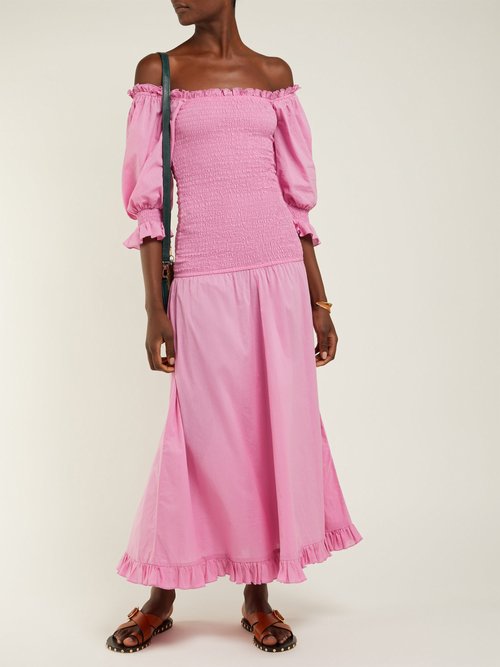 Rhode Eva Off-the-shoulder Smocked-cotton Dress Pink - 70% Off Sale