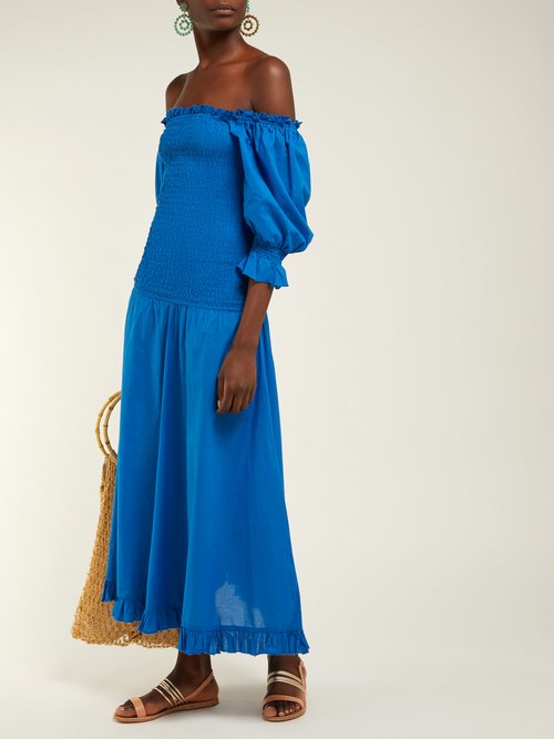 Rhode Eva Smocked Off-the-shoulder Cotton Dress Blue - 70% Off Sale