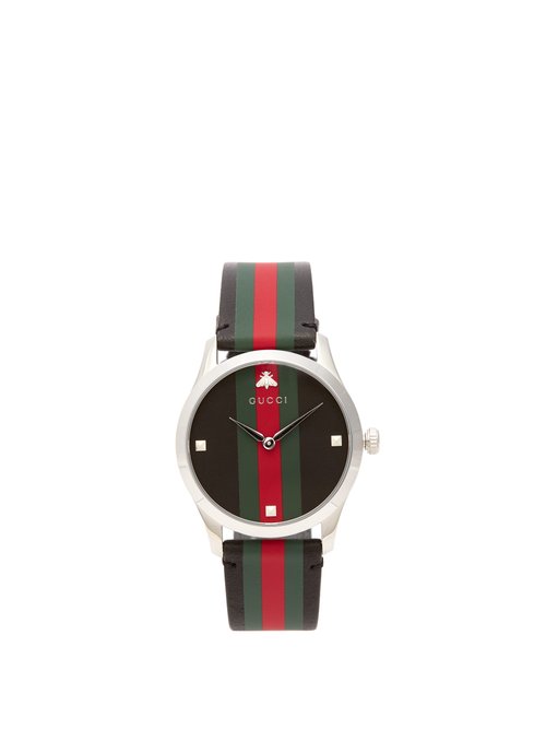 Gucci - G-timeless Web-striped Leather Watch - Mens - Black Silver