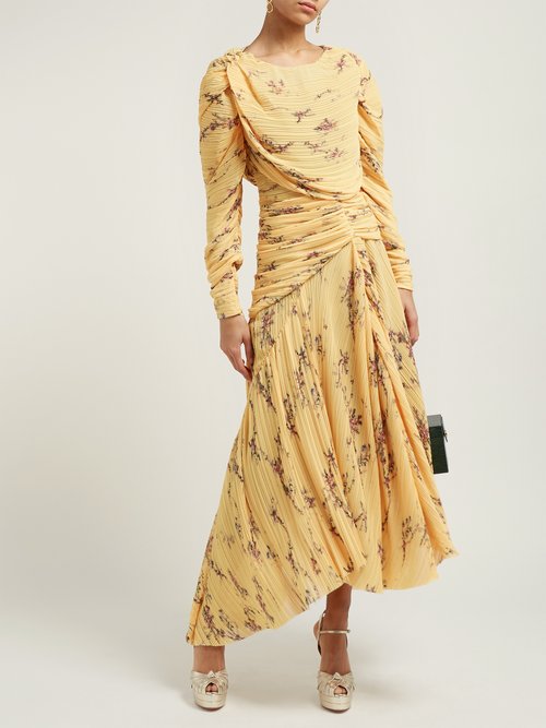 Preen By Thornton Bregazzi Sandra Floral-print Pleated Dress Yellow Multi - 70% Off Sale