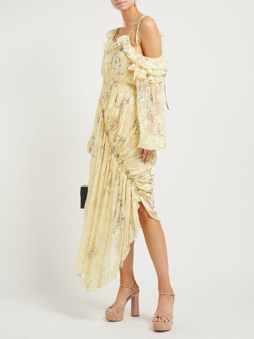 Preen By Thornton Bregazzi Sheila Ruched Silk-blend Devoré Dress Yellow Multi - 70% Off Sale