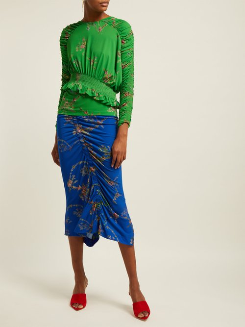 Preen By Thornton Bregazzi Toyin Floral-print Ruched-crepe Jersey Top Green Multi - 70% Off Sale