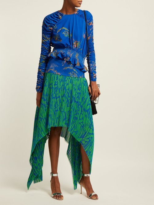 Preen By Thornton Bregazzi Toyin Floral-print Ruched-crepe Jersey Top Blue Multi - 70% Off Sale