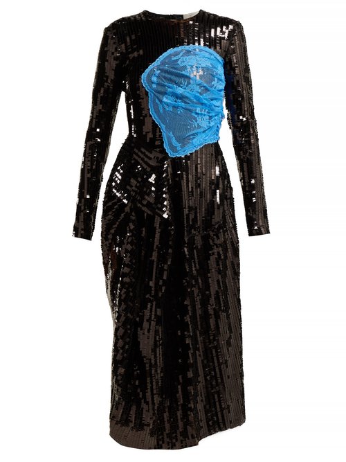 Preen By Thornton Bregazzi - Stephanie Sequinned Panelled Midi Dress Black Blue