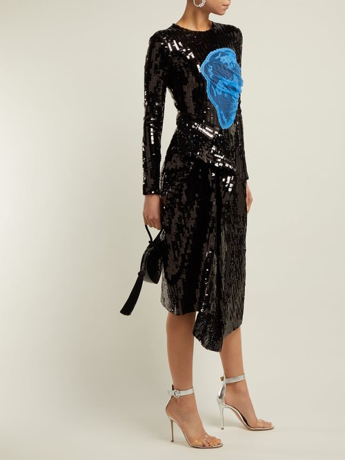Preen By Thornton Bregazzi Stephanie Sequinned Panelled Midi Dress Black Blue - 70% Off Sale