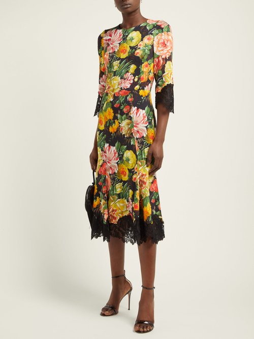 Dolce & Gabbana Floral-print Lace-trimmed Cady Midi Dress Black Multi - 70% Off Sale
