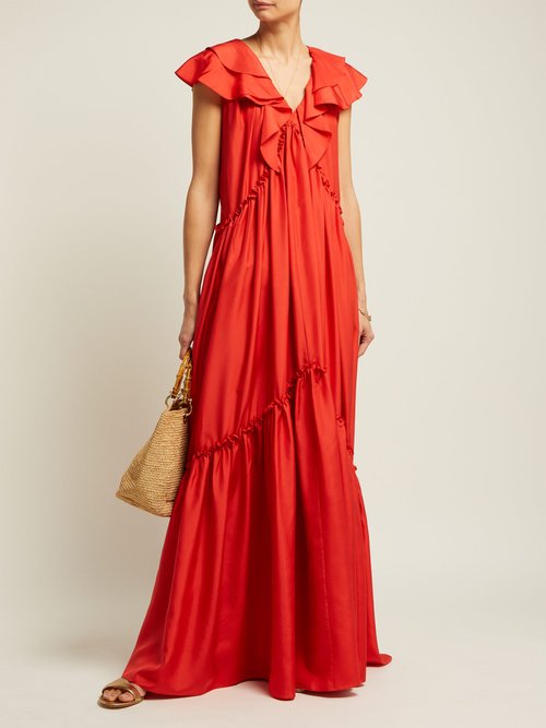 Three Graces London Wilhelmina Ruffle Silk Maxi Dress Red - 70% Off Sale