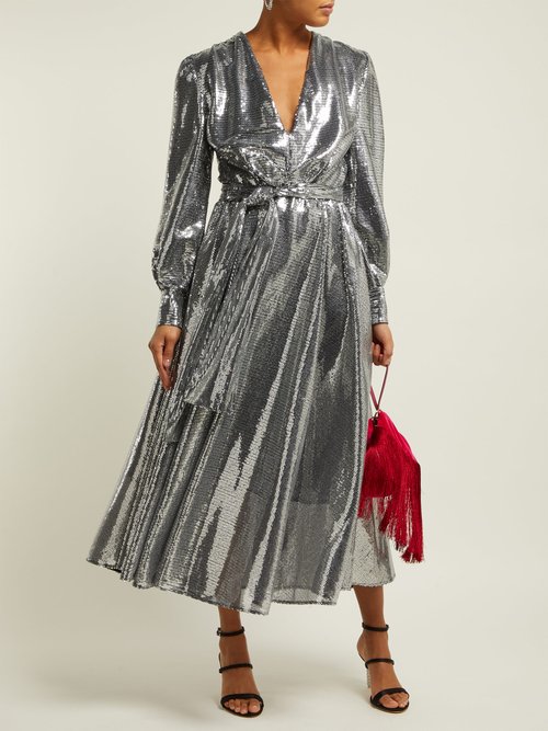 MSGM Sequinned Midi Dress Silver - 70% Off Sale