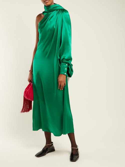 Hillier Bartley One-shoulder Gathered Silk-satin Dress Green - 70% Off Sale