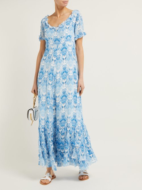 Athena Procopiou Kalua Floral-print Silk Dress Blue White - 70% Off Sale