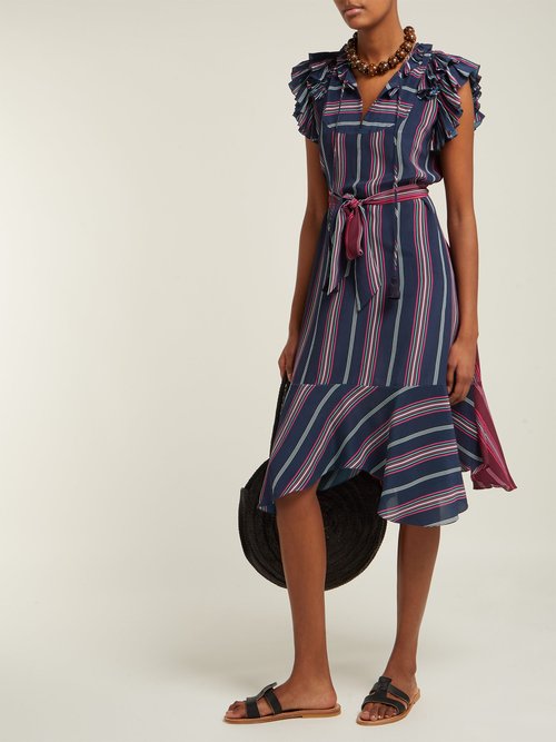 Figue Tessa Asymmetric Striped Silk Midi Dress Blue Multi - 70% Off Sale