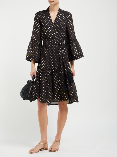 Figue Caroline Foil-print Crepe Wrap Dress Black Gold - 70% Off Sale